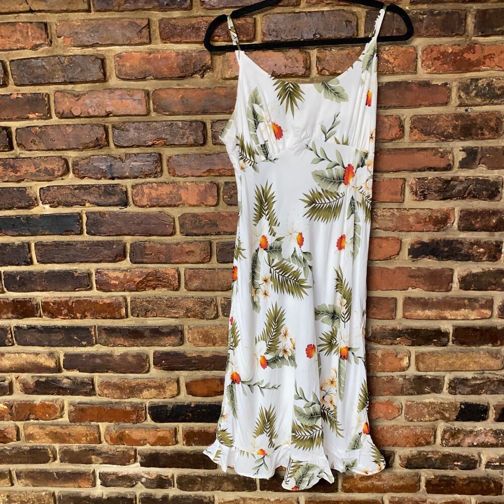 Two Palms Hawaii Vintage White Tropical Floral Midi Tank Ruffle Dress Size Large